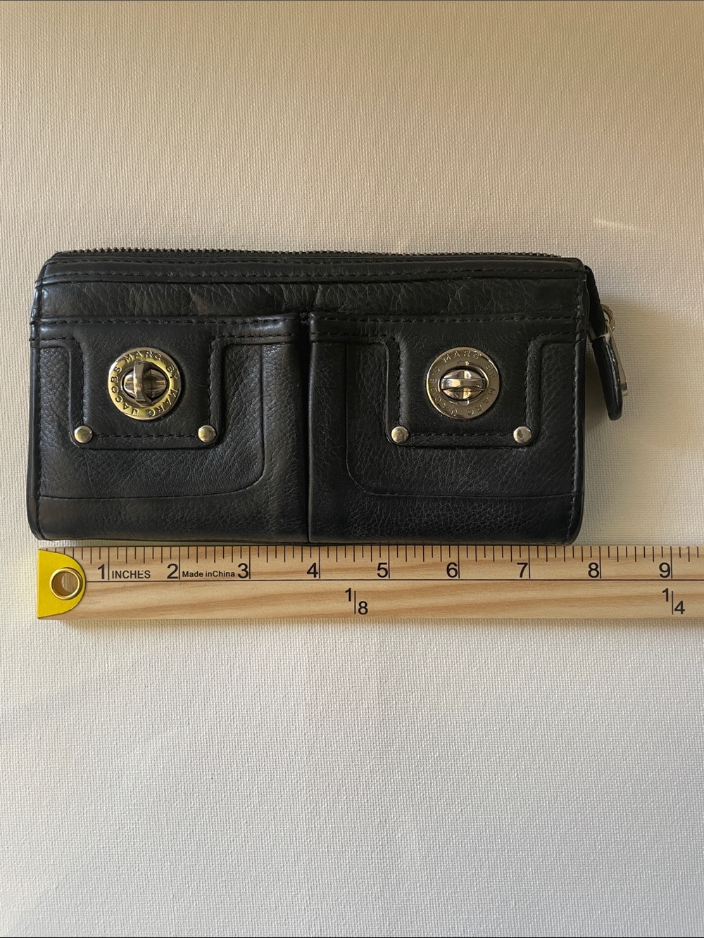 Marc Jacobs Black Leather Zip Wallet with Turn-Lock Accents - Flaws Present - Picture 3 of 12
